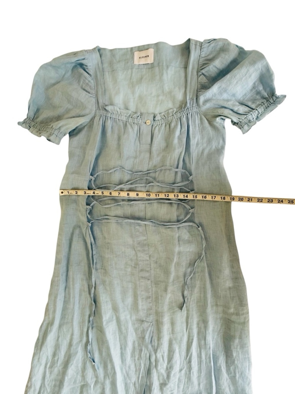 Sleeper Marquise Lace-Up Linen Midi Dress Blue Puff Sleeve Corset Cottagecore M - Picture 9 of 12